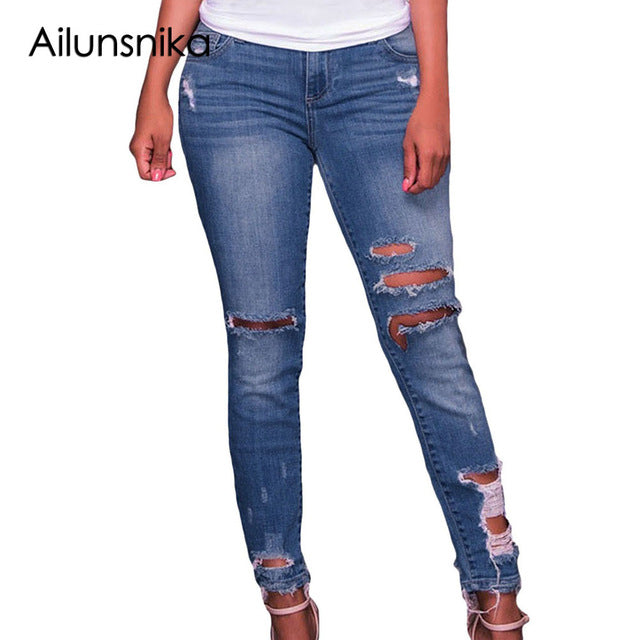 Ailunsnika Ripped Jeans for Women Dark Blue Denim Destroyed Ankle Length Skinny Jeans Mid Waist Women Jeans XXL Size LC78677