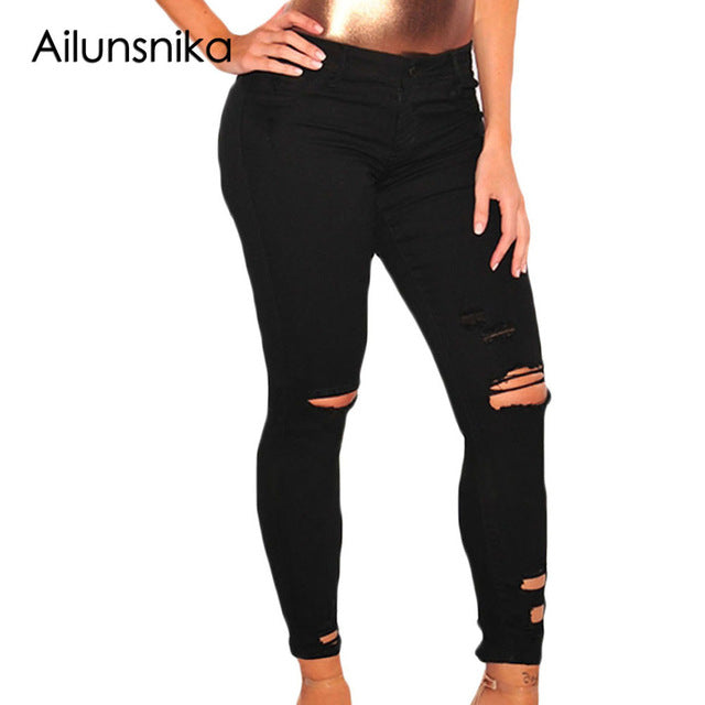 Ailunsnika Ripped Jeans for Women Dark Blue Denim Destroyed Ankle Length Skinny Jeans Mid Waist Women Jeans XXL Size LC78677