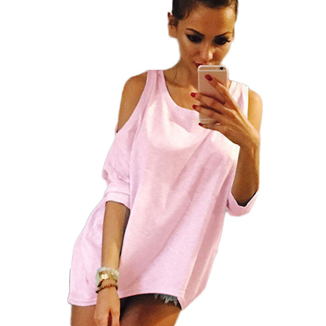 Summer Women T-Shirt O-Neck Solid Color Off Shoulder Sexy Long T Shirt Womens Top Tees Loose Casual T-shirt Plus Size