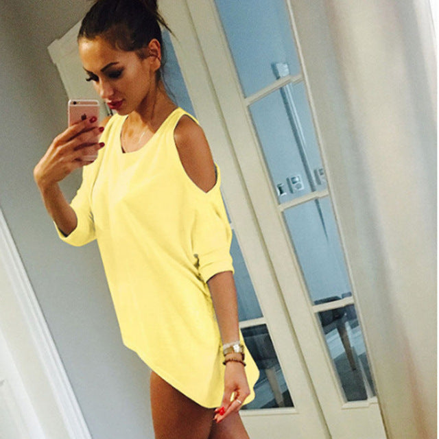 Summer Women T-Shirt O-Neck Solid Color Off Shoulder Sexy Long T Shirt Womens Top Tees Loose Casual T-shirt Plus Size