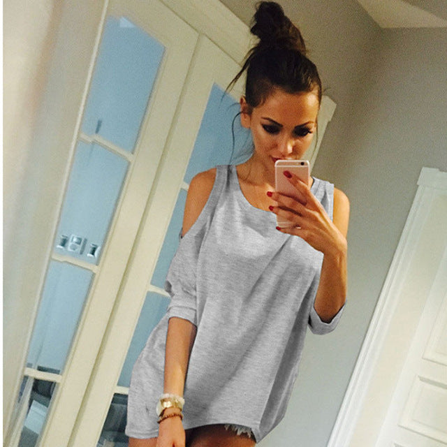Summer Women T-Shirt O-Neck Solid Color Off Shoulder Sexy Long T Shirt Womens Top Tees Loose Casual T-shirt Plus Size