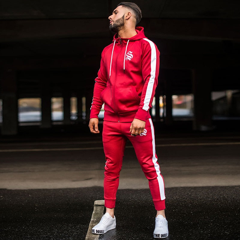 Men's Workout Fitness Hooded Sweatshirt Gyms brand Tops 2018 Black and Red Stripe Zipper Hoodie Men's Fitness Slim Hooded coat